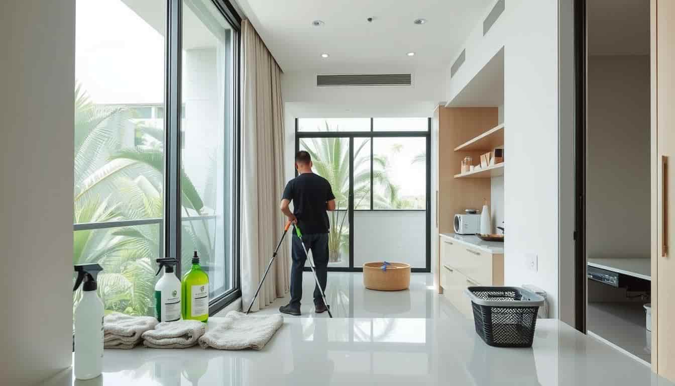 Professional cleaner mopping floor in a modern Singapore condo with natural light