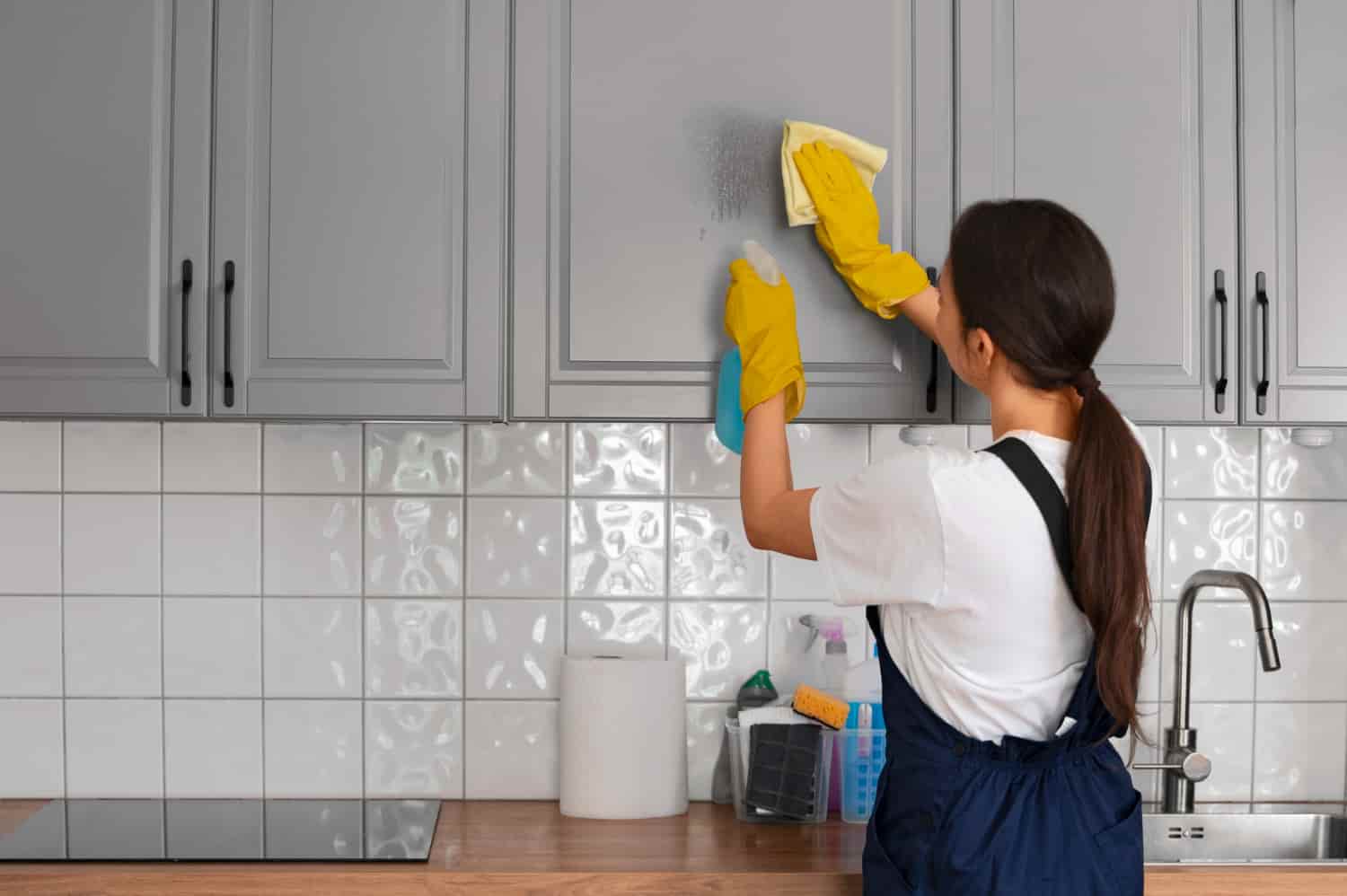 Professional cleaner wiping kitchen cabinet in a modern Singapore home