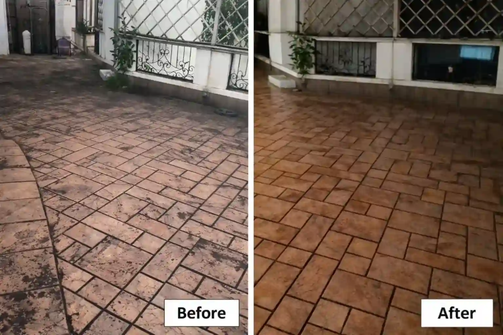 Outdoor tiled floor before and after deep cleaning service in Singapore