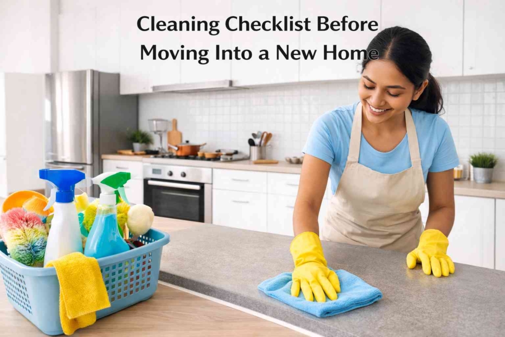 Indian female cleaner cleaning kitchen before moving into a new home