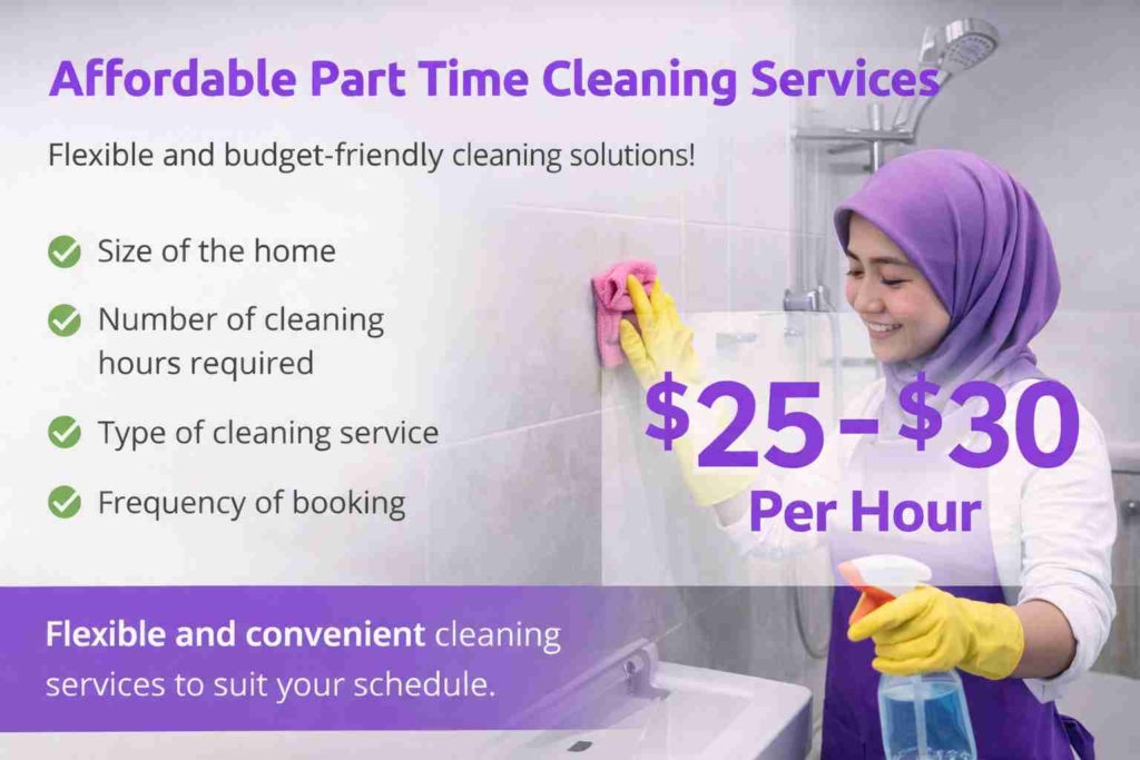 Malay female cleaner wearing hijab cleaning bathroom for affordable part time cleaning services in Singapore