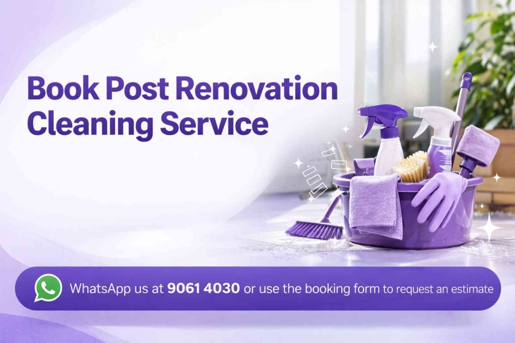 Post renovation cleaning service in Singapore booking banner with WhatsApp contact