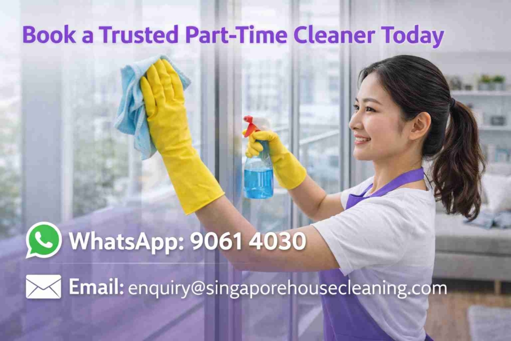 Chinese female cleaner cleaning window with contact details for part time cleaner service Singapore