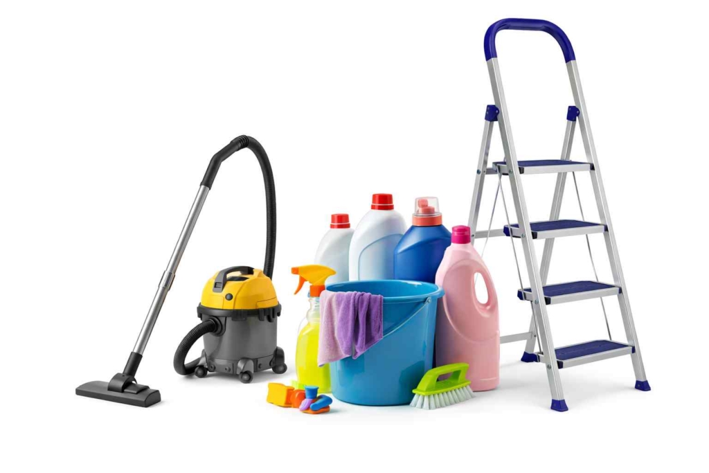 Cleaning tools and detergent including vacuum cleaner, four-step ladder, mop, and bucket for home cleaning service