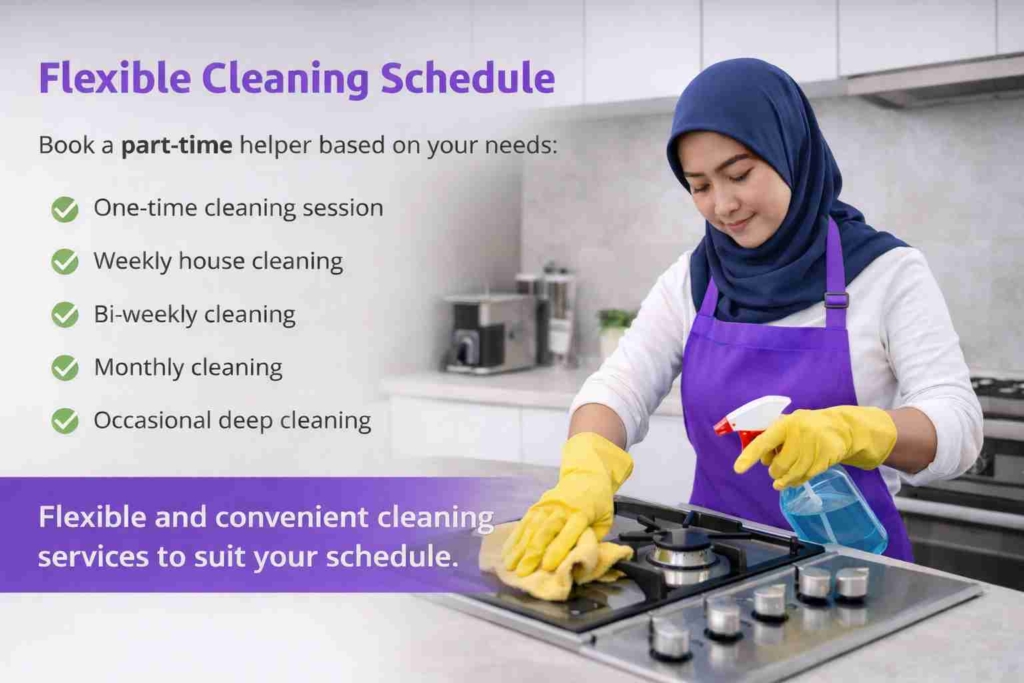 Malay female cleaner wearing hijab cleaning kitchen stove with flexible cleaning schedule service in Singapore