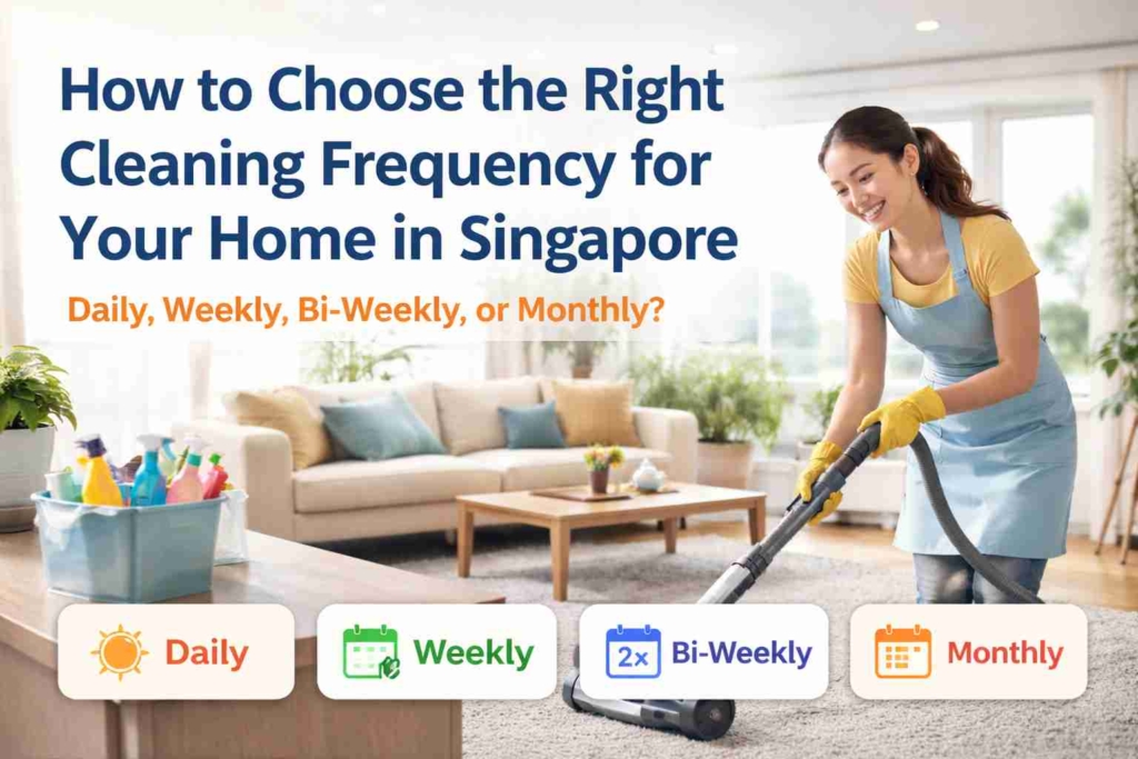 Woman vacuuming living room while choosing cleaning frequency for home in Singapore
