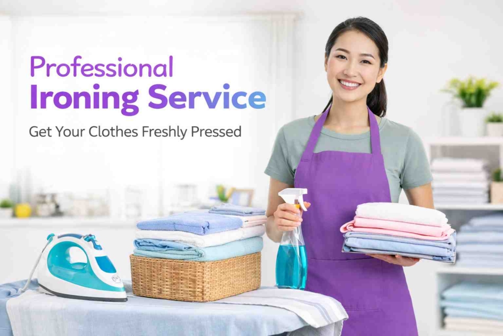 Asian cleaner providing professional ironing service with freshly pressed clothes in Singapore home