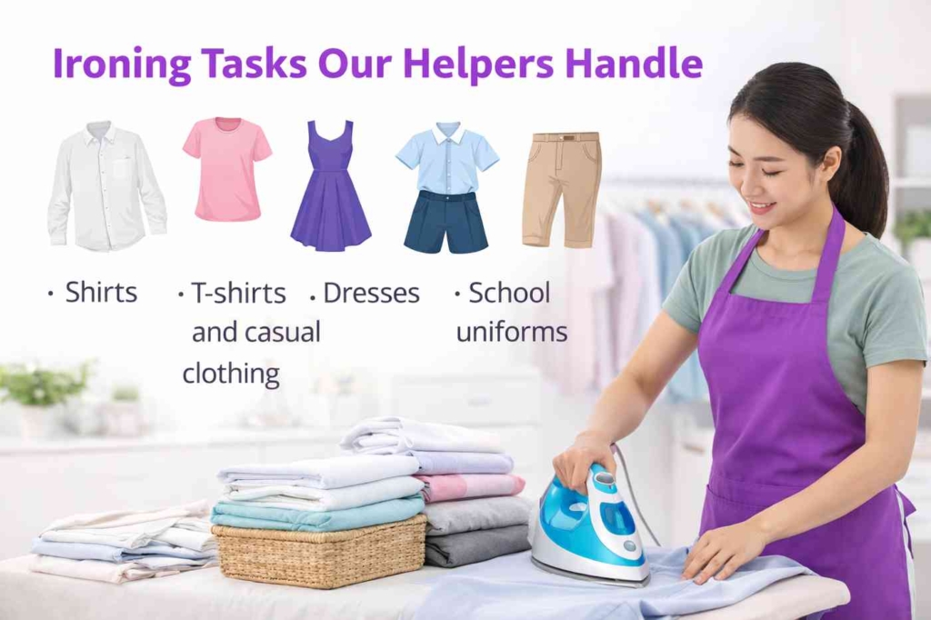 Helper ironing shirts and clothes including uniforms and casual wear in Singapore home