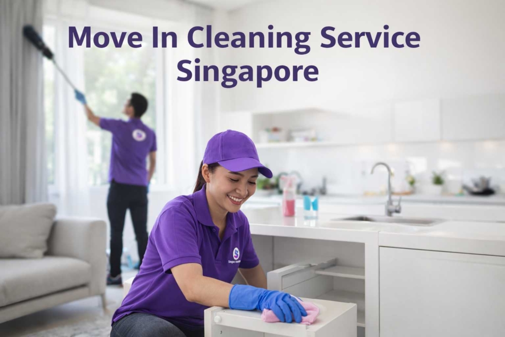 Professional cleaners in purple uniform performing move in cleaning service in a Singapore home