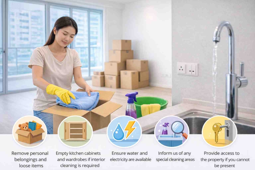 homeowner preparing property before professional cleaning service by packing items and ensuring utilities are available