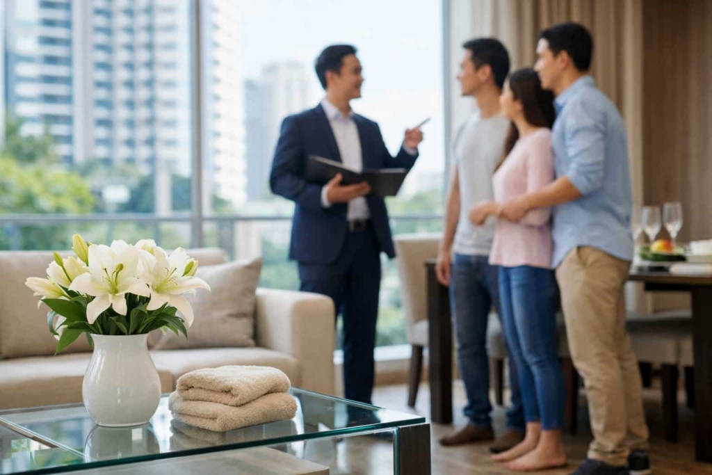 Clean and well-maintained living room during a property viewing in Singapore with agent showing home to buyers