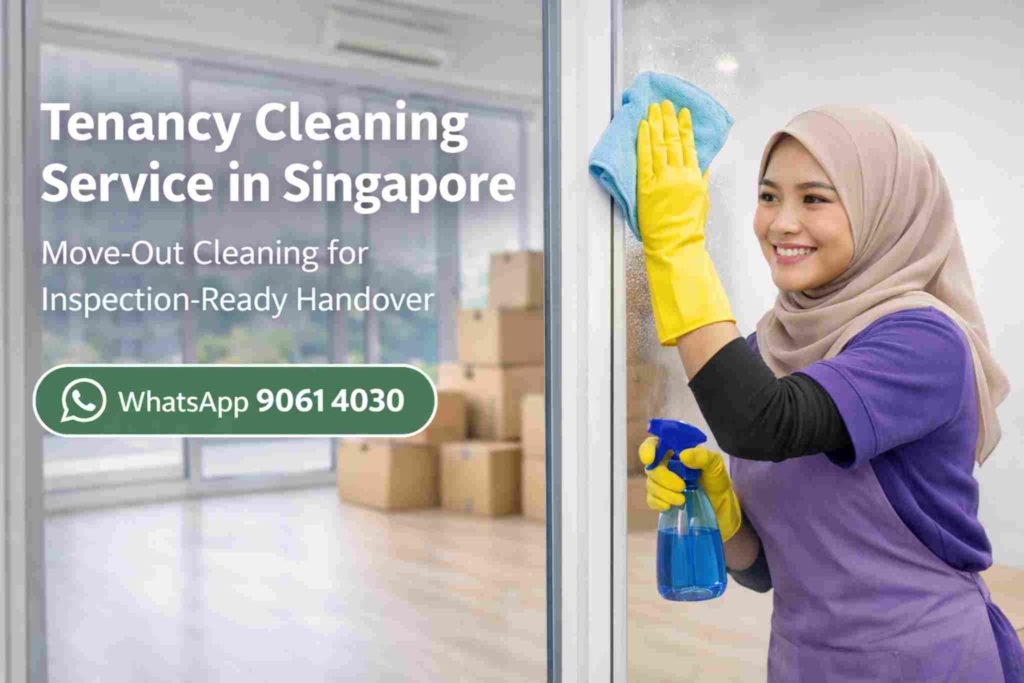 Malay female cleaner wiping glass door during tenancy cleaning service in Singapore