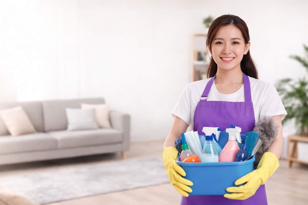 Weekly house cleaning service in Singapore with professional cleaner holding cleaning supplies in a tidy living room