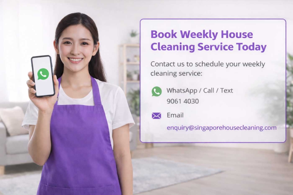 Myanmar cleaner holding mobile phone with WhatsApp for weekly house cleaning service booking in Singapore