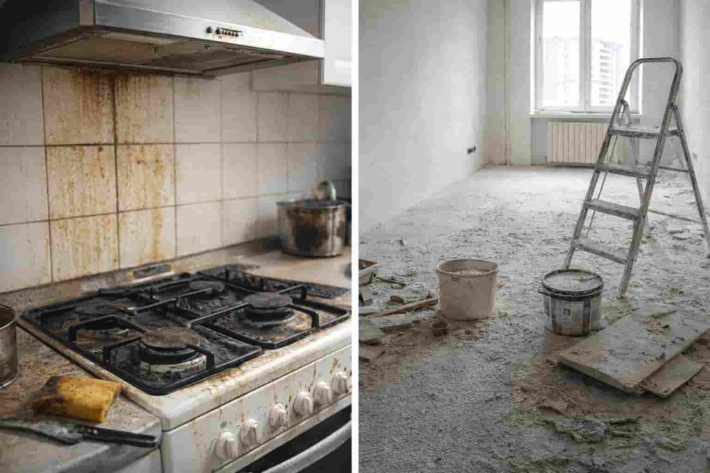 Kitchen grease buildup and post renovation dust showing cleaning beyond weekly house cleaning routine