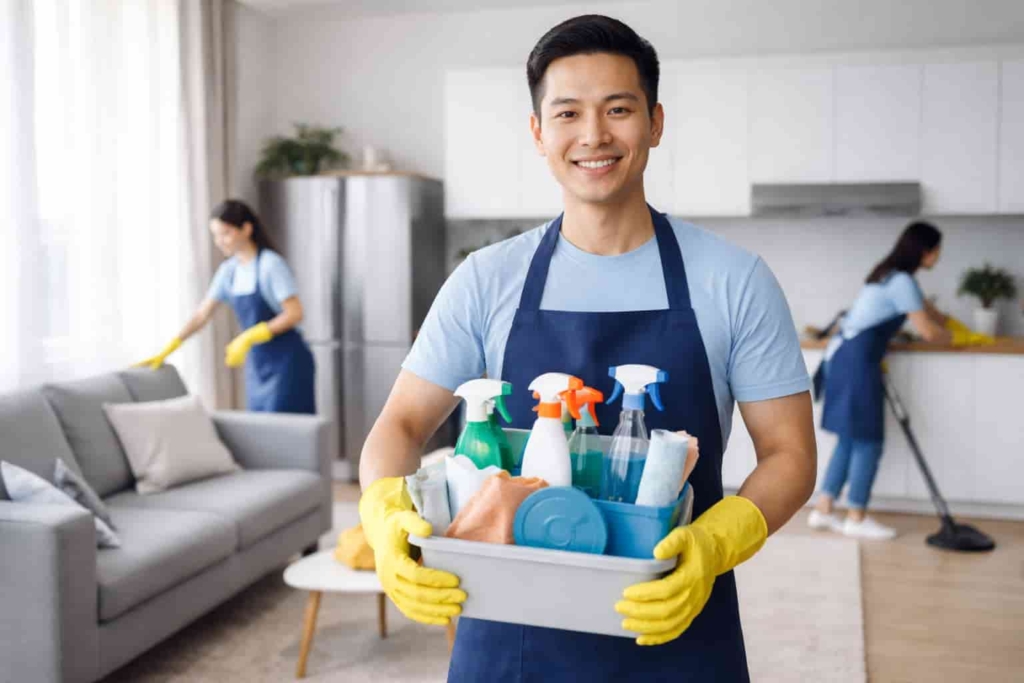 Landlords preparing rental unit with professional cleaning service in Singapore