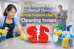Tenant cleaning kitchen while landlord inspects property leading to rental deposit deduction