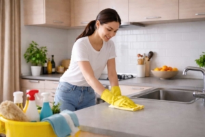 Woman cleaning kitchen countertop during weekly house cleaning routine in Singapore