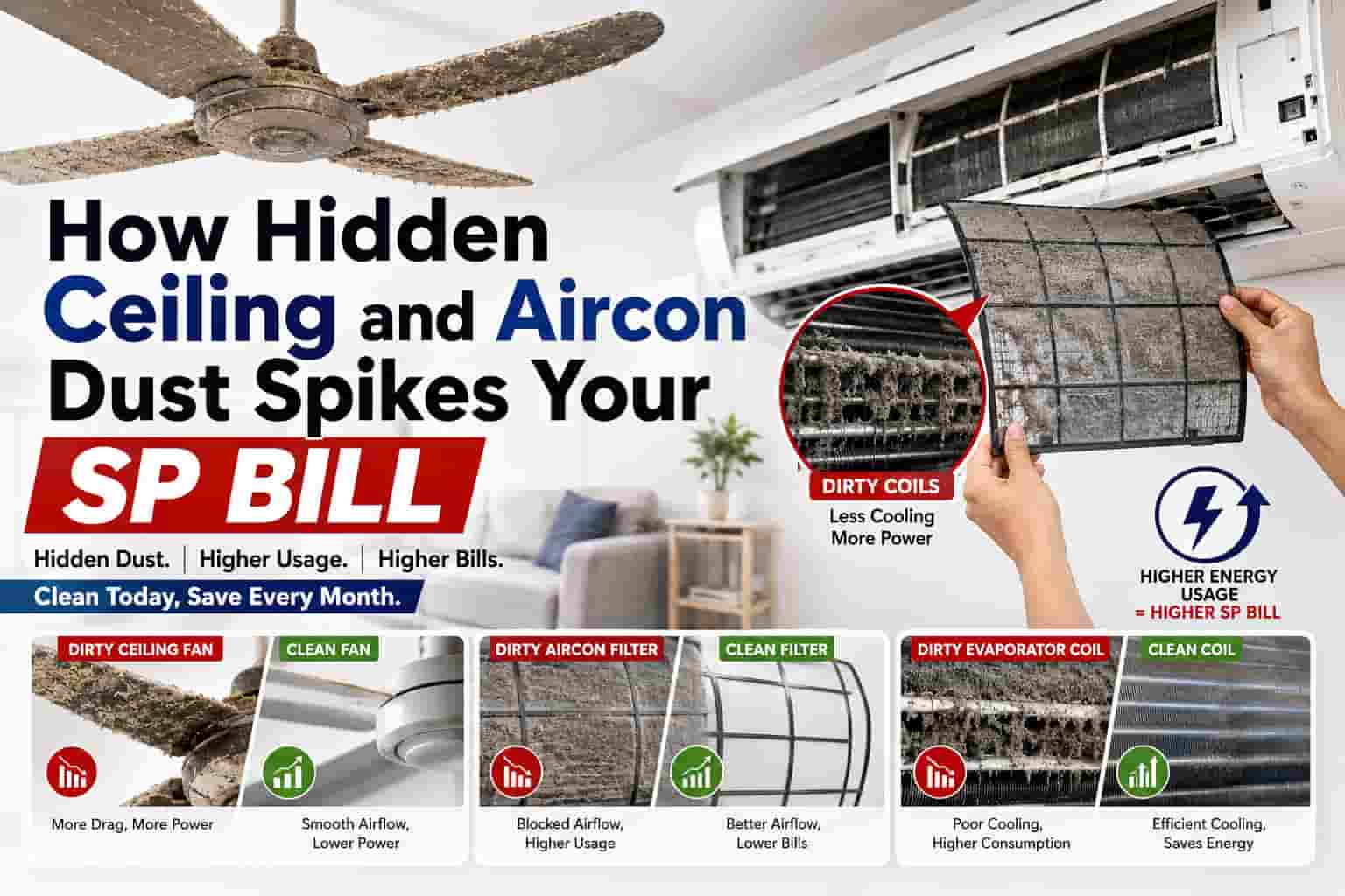 Dirty ceiling fan and dusty aircon filter increasing electricity usage in a Singapore home