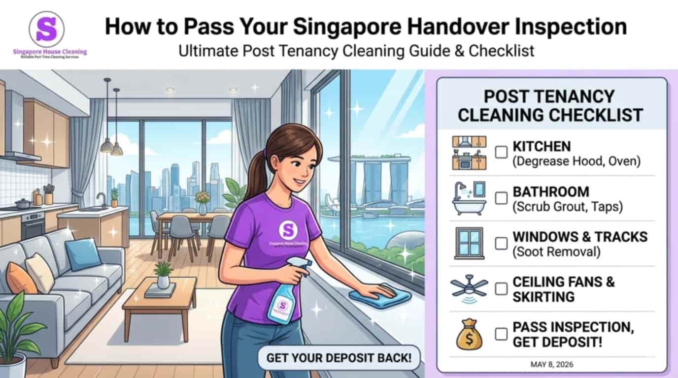 Post tenancy cleaning checklist for a Singapore handover inspection showing a cleaner and a residential view of Marina Bay Sands.