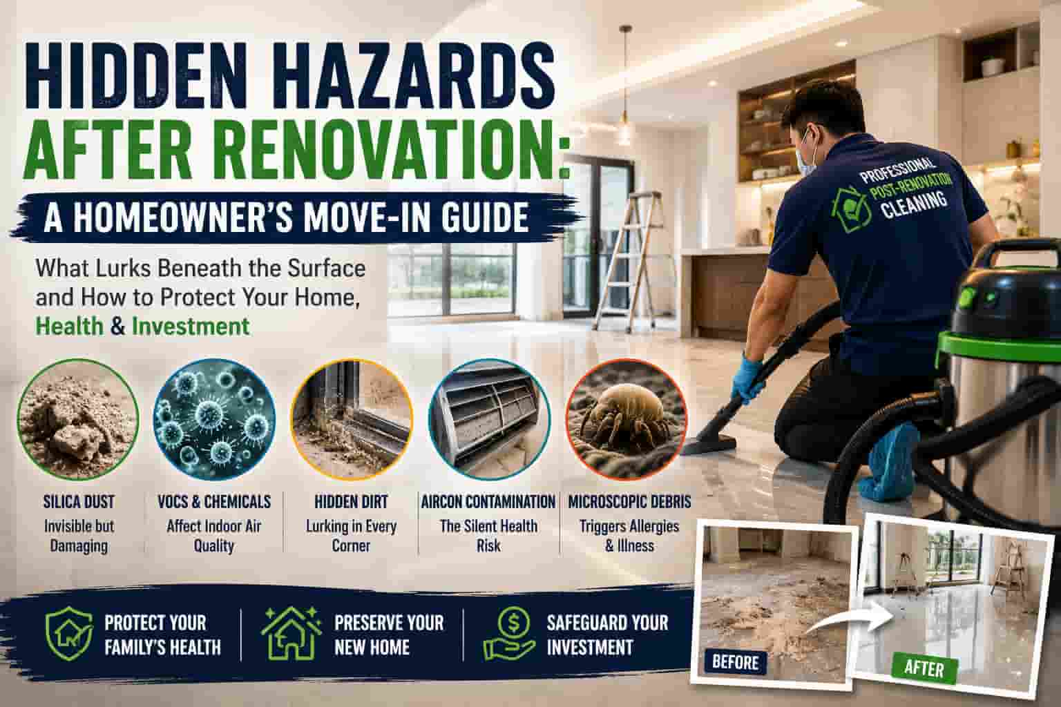 Professional cleaner removing construction dust from a newly renovated Singapore apartment while highlighting hidden post-renovation hazards such as silica dust, VOCs, mold, and indoor air contaminants.