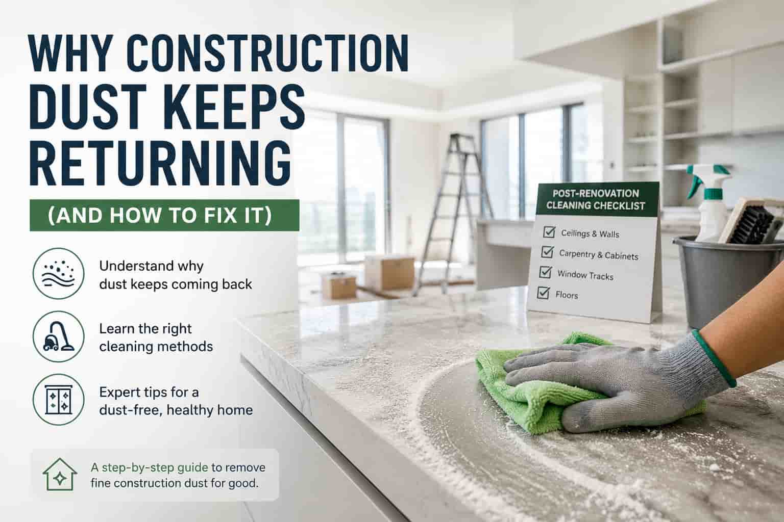Construction dust being wiped from a newly renovated kitchen countertop during post renovation cleaning in a Singapore home.