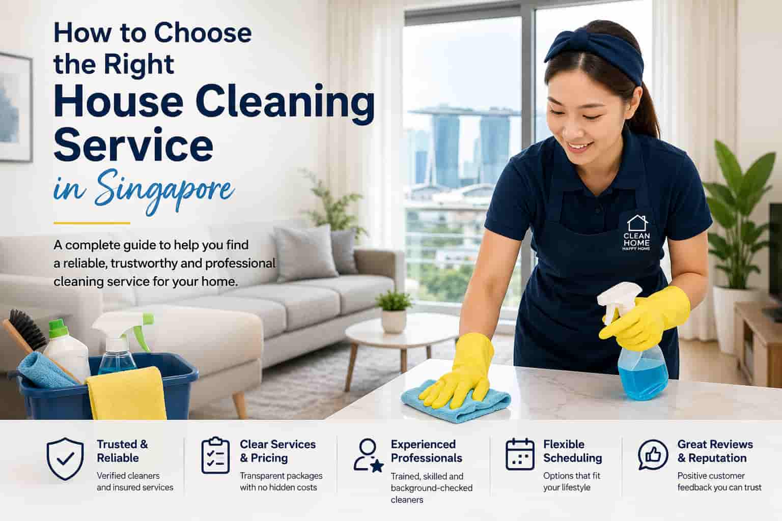 How to choose the right house cleaning service in Singapore with a professional cleaner in a modern home