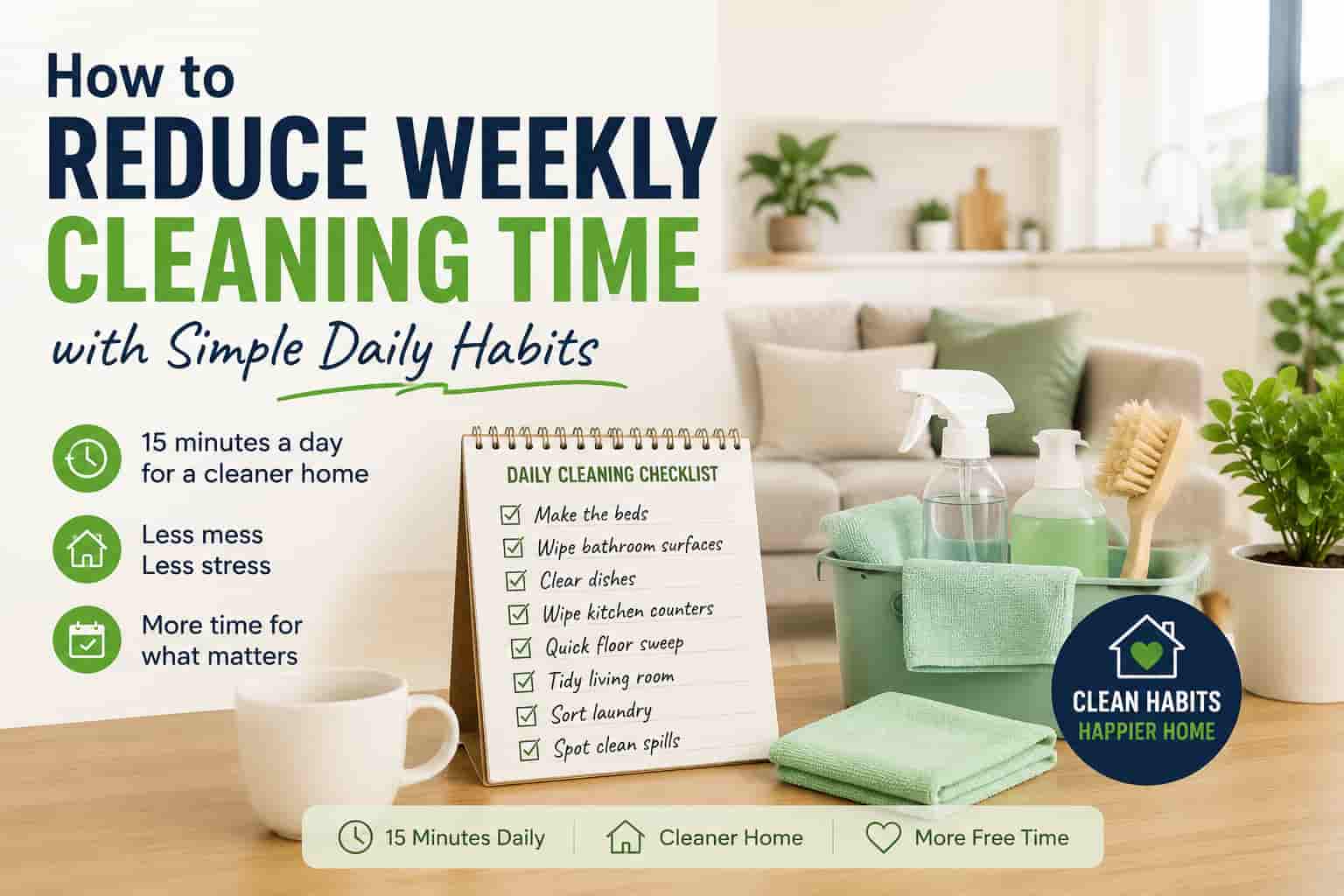 Homeowner following simple daily cleaning habits to reduce weekly cleaning time in a clean Singapore home.