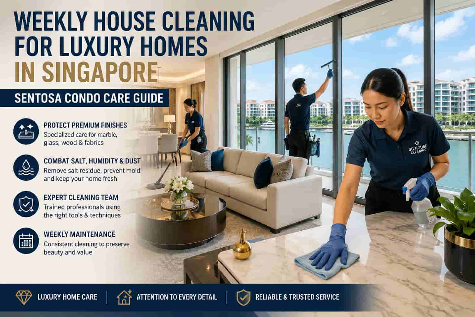 Weekly house cleaning service in a luxury Sentosa condo in Singapore with professional cleaners maintaining premium interiors.